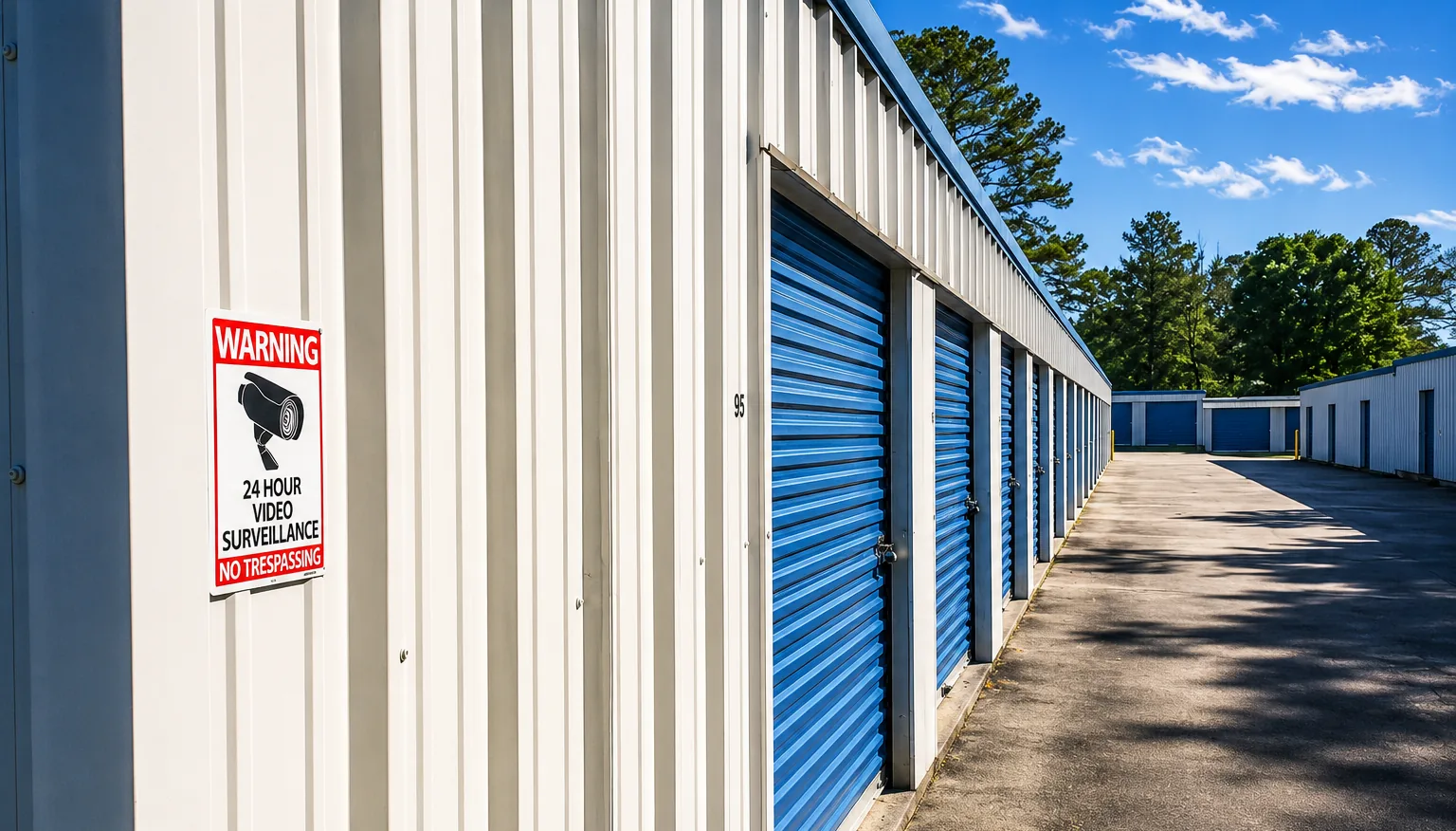 Gated drive-up storage aisle with 24-hour video surveillance at Savy Space Self Storage